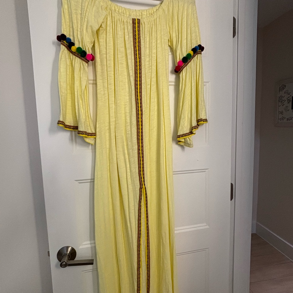 Pitusa Pale Yellow Off-Shoulder Maxi With Pom Trim Dress